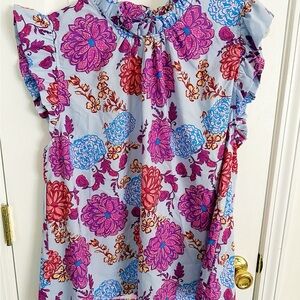Umgee Floral Ruffle Sleeve Blouse - Blue and Pink